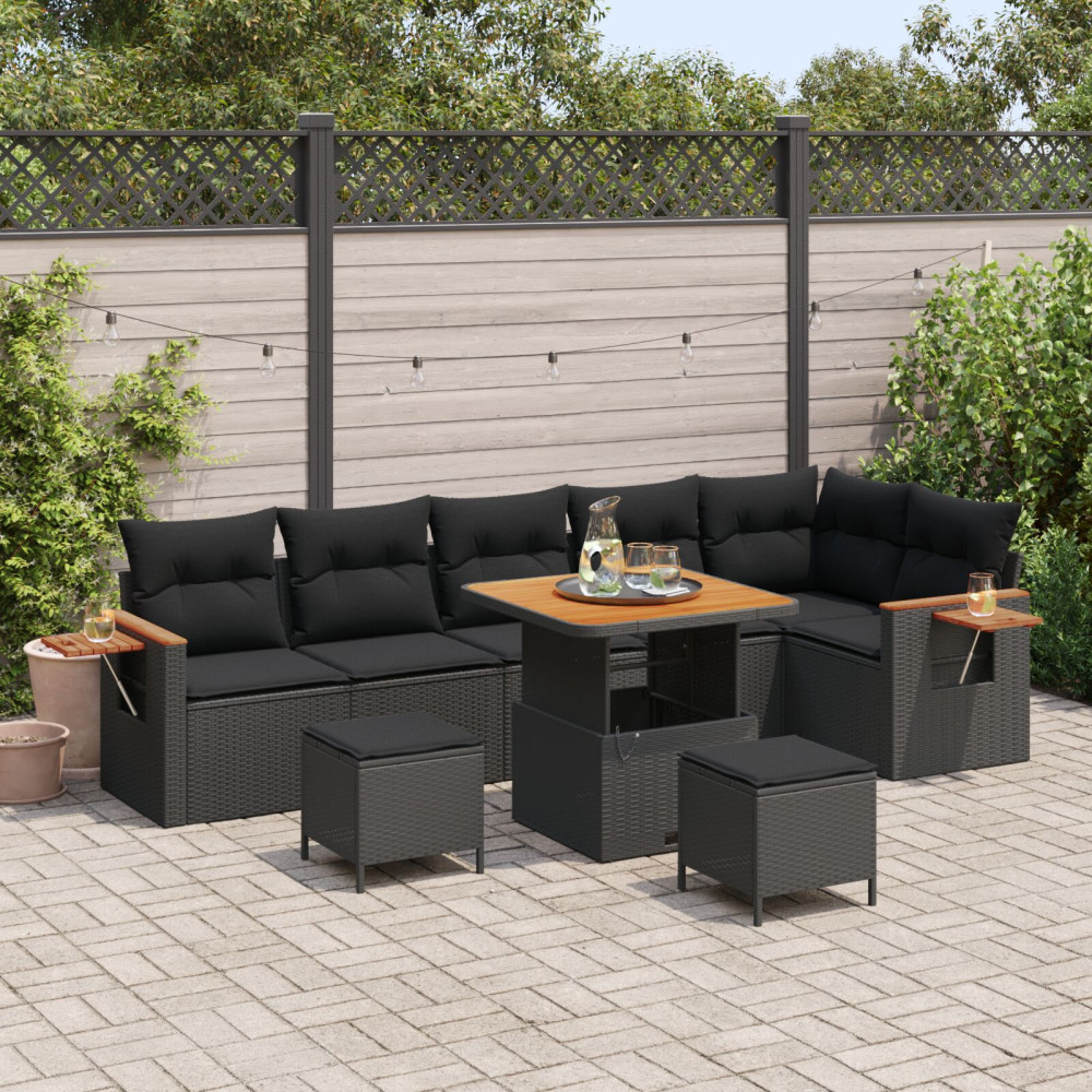 Produktbild för Trädgårdsoffset 9 pcs Svart Poly Rattan och Pulverlackerad Stål