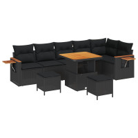 Produktbild för Trädgårdsoffset 9 pcs Svart Poly Rattan och Pulverlackerad Stål