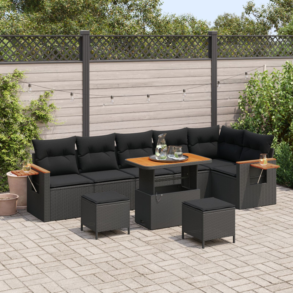 Produktbild för Trädgårdsoffset 9 pcs Svart Poly Rattan och Pulverlackerad Stål