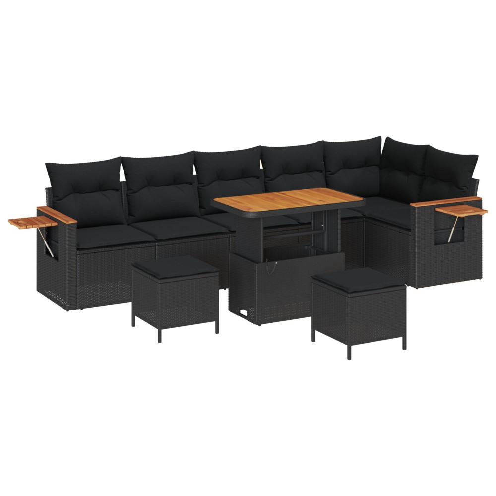 Produktbild för Trädgårdsoffset 9 pcs Svart Poly Rattan och Pulverlackerad Stål