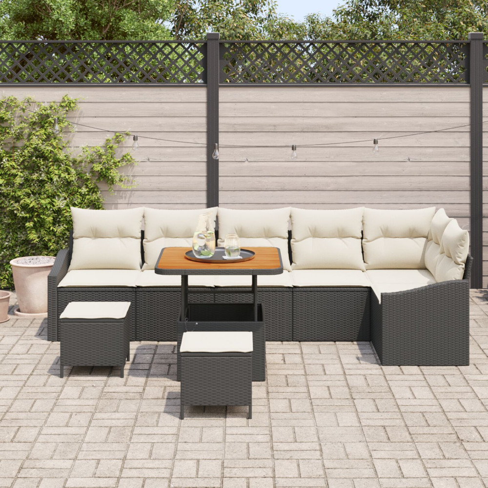 Produktbild för Trädgårdsoffset med kudde med lagring 9 pcs Svart Poly rattan