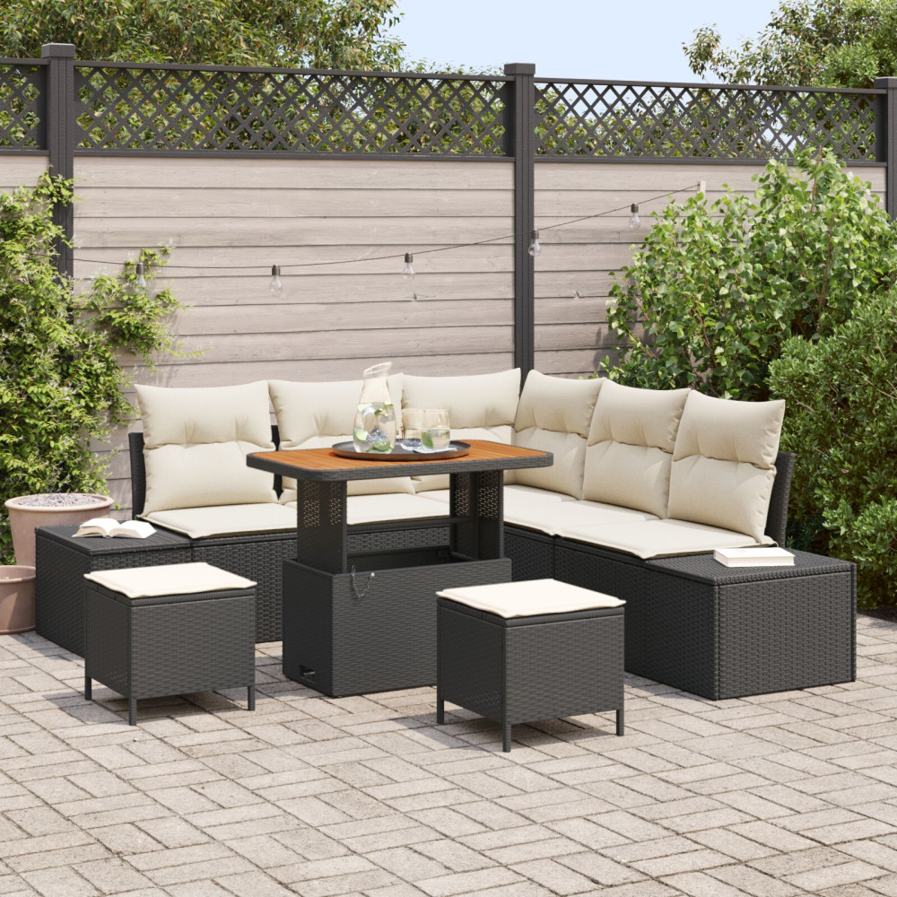 Produktbild för Trädgårdsoffset med kudde med lagring 8 pcs Svart Poly rattan