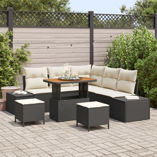 vidaXL Trädgårdsoffset med kudde med lagring 8 pcs Svart Poly rattan