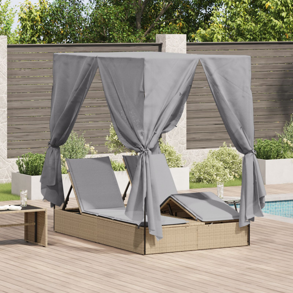 Produktbild för Dubbel solstol med gardiner Grå 205 x 129 x 200 cm konstrotting