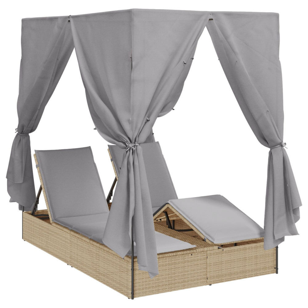 Produktbild för Dubbel solstol med gardiner Grå 205 x 129 x 200 cm konstrotting