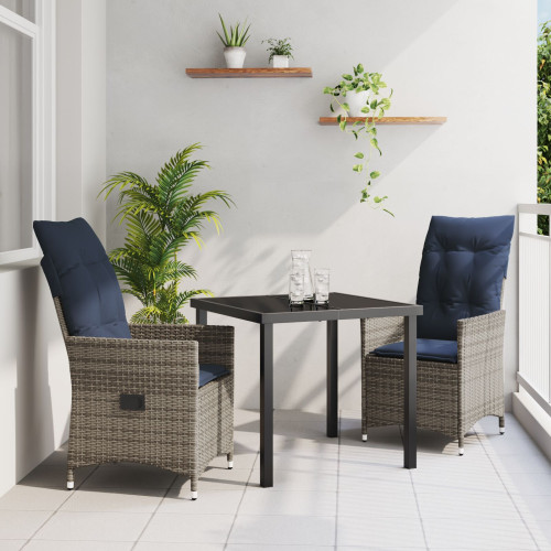 vidaXL Bord- och stolset med kudde 3 pcs Grå PE Rattan