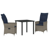Produktbild för Bord- och stolset med kudde 3 pcs Grå PE Rattan