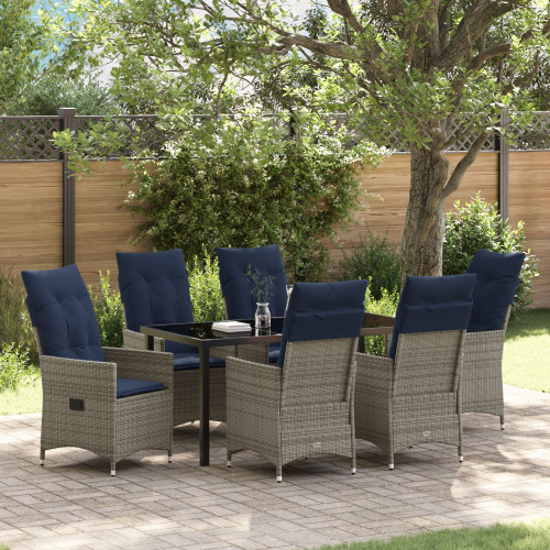 vidaXL Bord- och stolset med kudde 7 pcs Grå PE Rattan