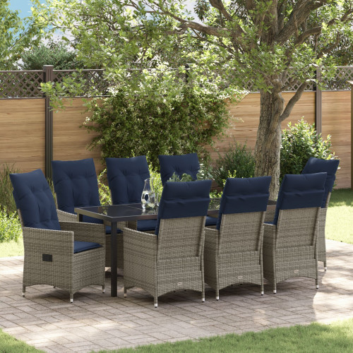 vidaXL Bord- och stolset med kudde 9 pcs Grå PE Rattan