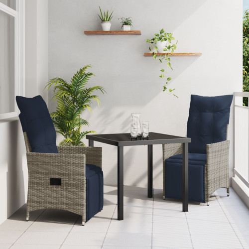 vidaXL Bord- och stolset med kudde 3 pcs Grå PE Rattan