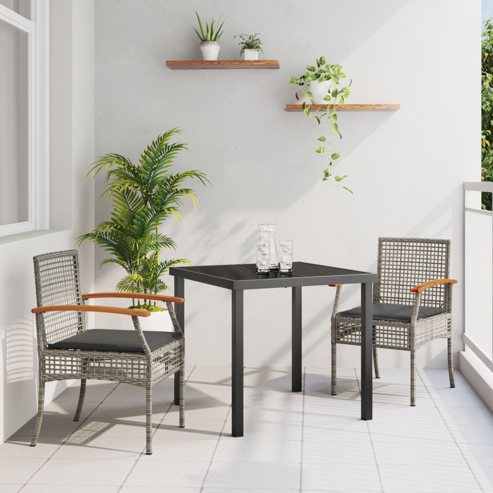Produktbild för Trädgårdsmöbelset med kudde 3 pcs Grå och svart Rotting