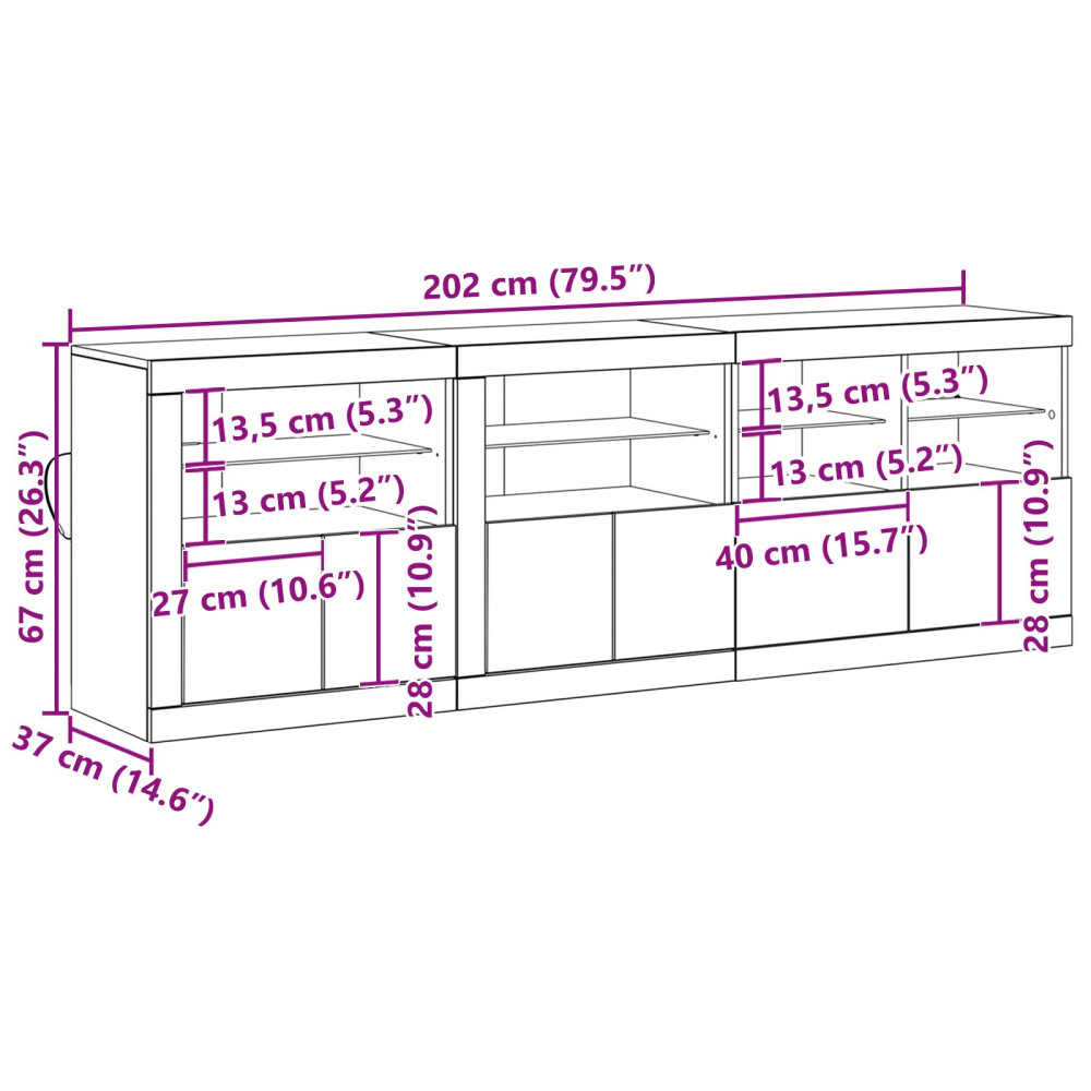 Produktbild för LED-sido bord Gammalt trä 202 x 37 x 67 cm Konstruerat trä