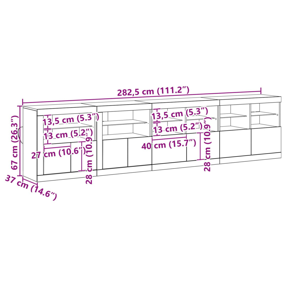 Produktbild för LED-sido bord Gammalt trä 283 x 37 x 67 cm Konstruerat trä