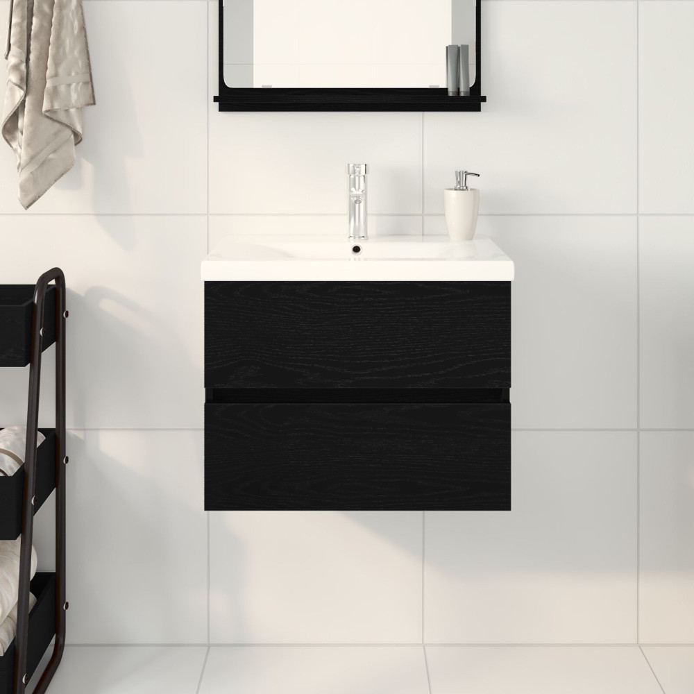 Produktbild för Badrumsskåp med handfat Svart Ek 60 x 39 x 62 cm