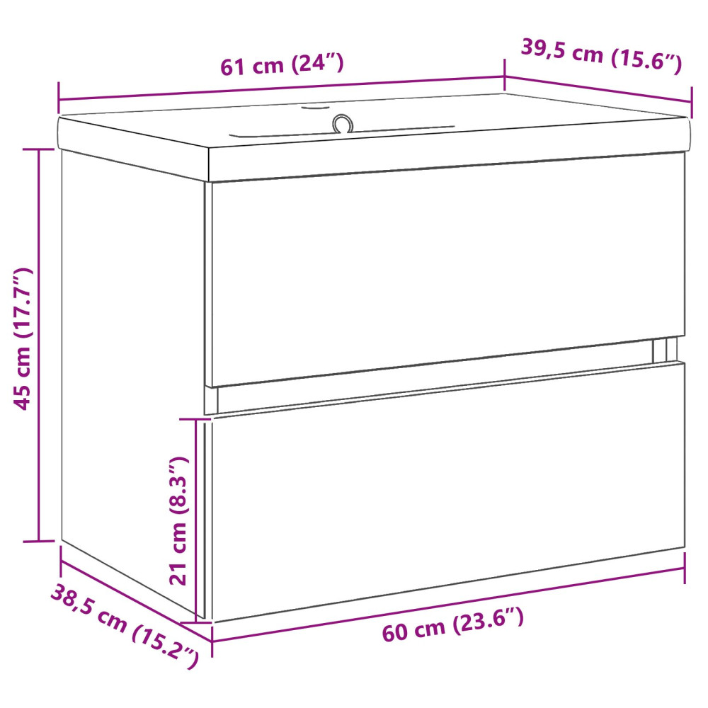 Produktbild för Badrumsskåp med handfat Svart Ek 60 x 39 x 62 cm
