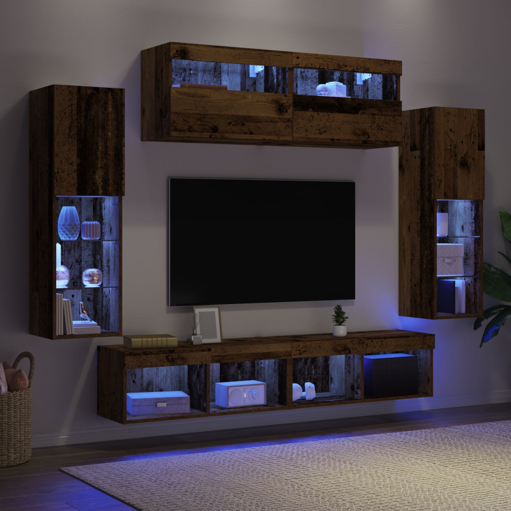 Produktbild för TV-bänkset med LED -remsljus 6 pcs Gammalt trä Konstruerat trä