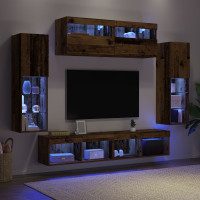 Produktbild för TV-bänkset med LED -remsljus 6 pcs Gammalt trä Konstruerat trä