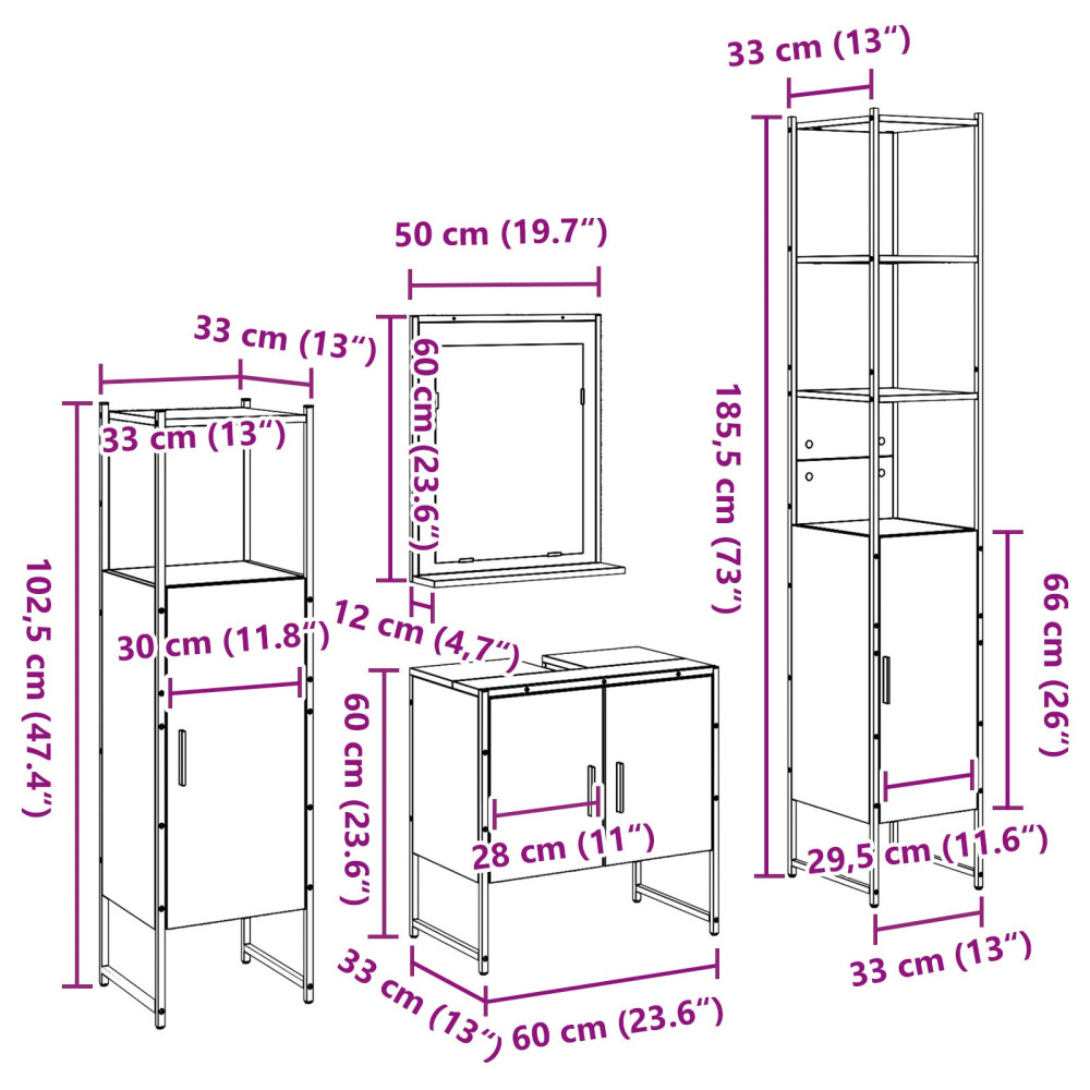 Produktbild för Badrumsmöbelset 4 st Brun 33 x 33 x 185,5 cm Konstruerat trä
