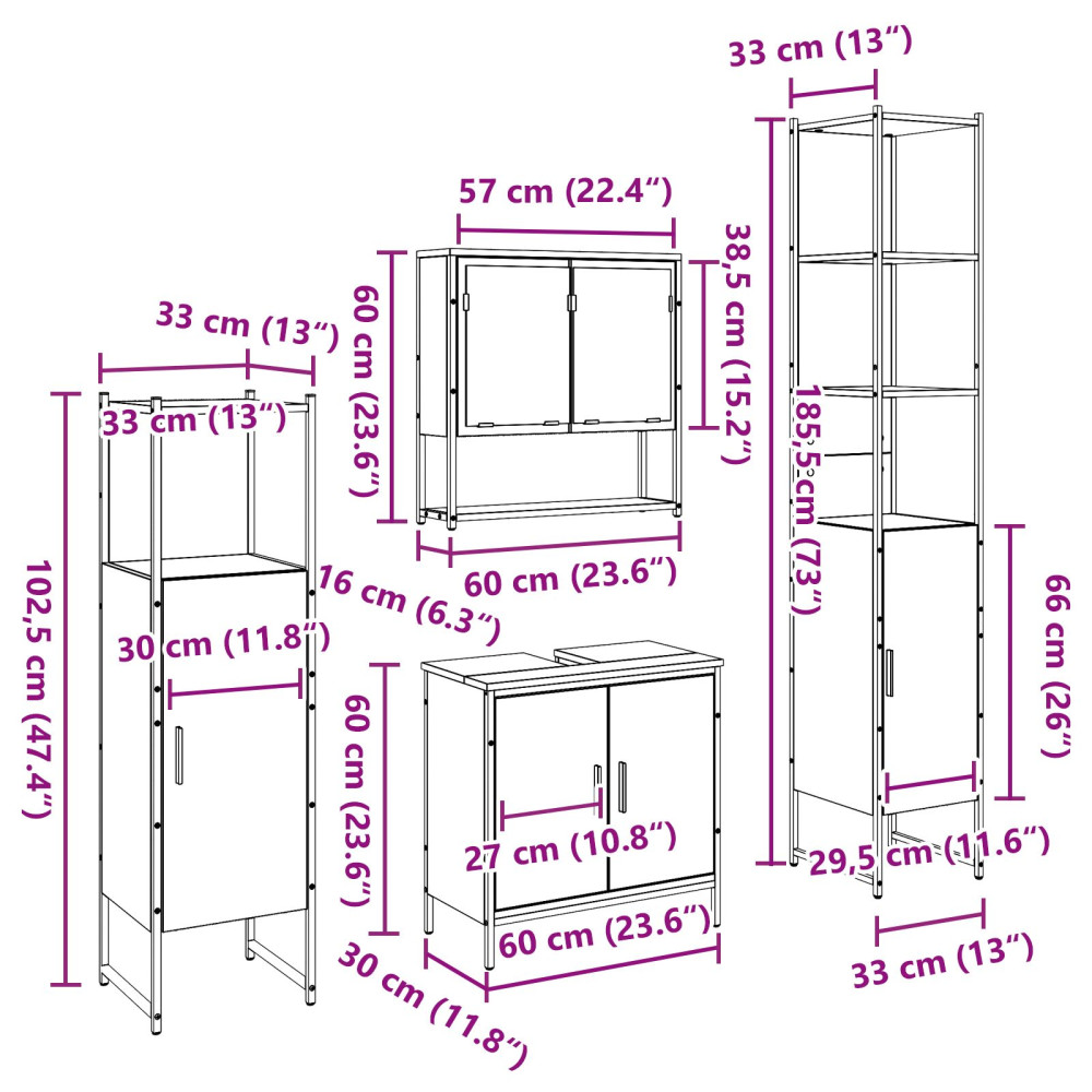 Produktbild för Badrumsmöbelset 4 st Brun 33 x 33 x 185,5 cm Konstruerat trä