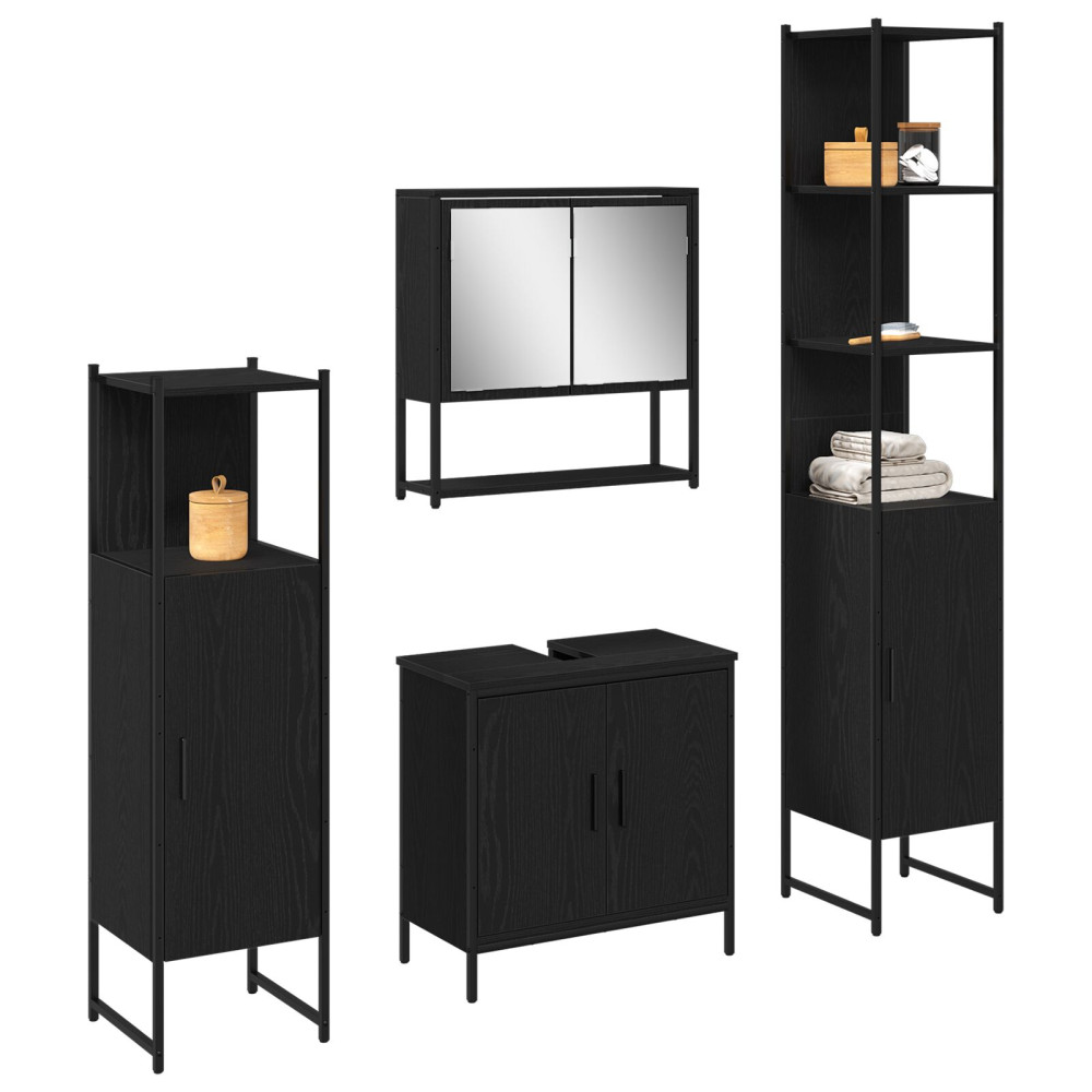 Produktbild för Badrumsmöbelset med hylla med dörr 4 pcs Svart Konstruerat trä