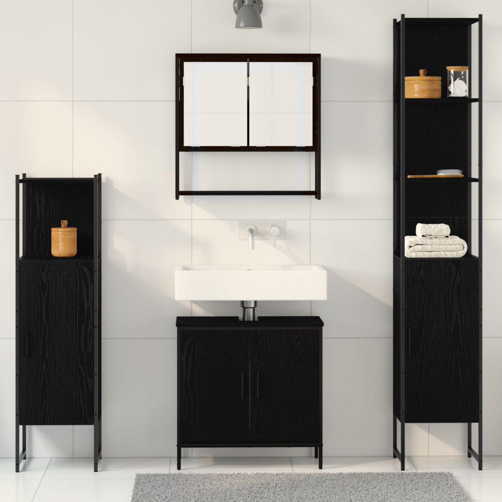 Produktbild för Badrumsmöbelset med hylla med dörr 4 pcs Svart Konstruerat trä
