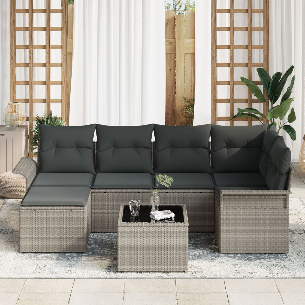 Produktbild för Trädgårdsoffset med kudde 7 pcs Ljusgrå Poly rattan