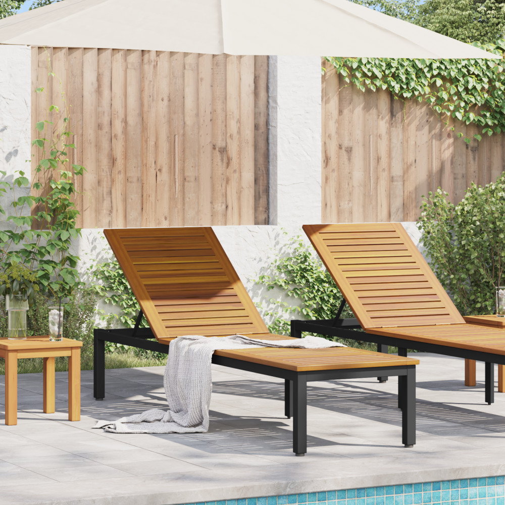Produktbild för Solsäng Reclining Svart 200 x 55 x 35 cm Massivt Akaciaträ