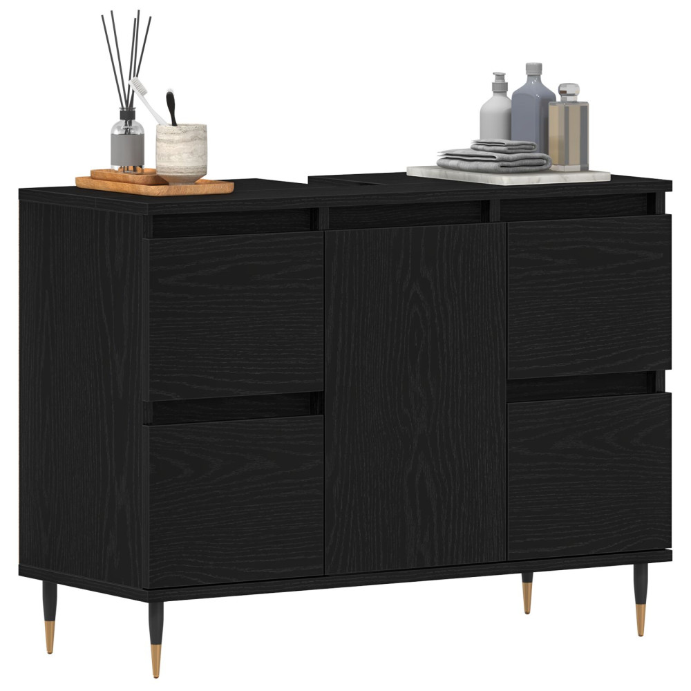 Produktbild för Badrumsskåp med handfat med låda Svart Ek 80 x 33 x 60 cm