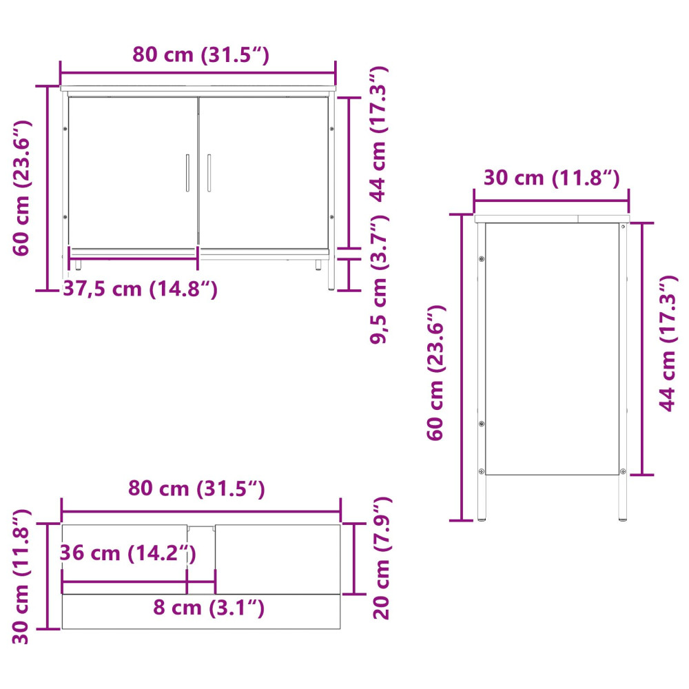 Produktbild för Badrumsskåp med handfat med lagring Svart Ek 80 x 30 x 60 cm