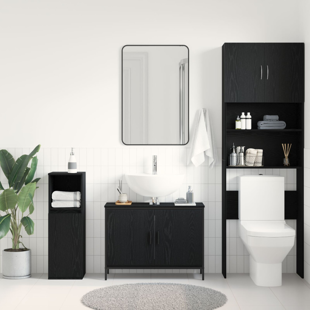 Produktbild för Badrumsskåp med handfat med lagring Svart Ek 80 x 30 x 60 cm