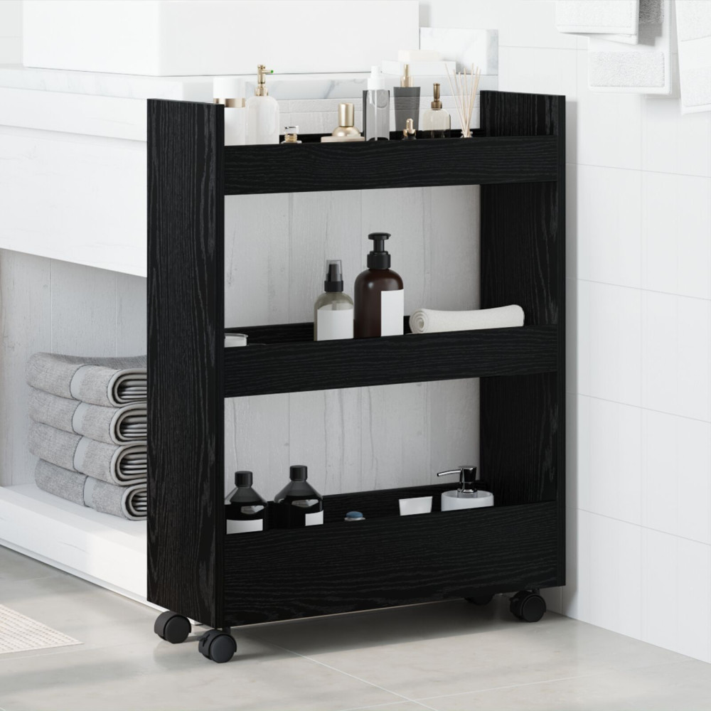 Produktbild för Smal förvaringsvagn Svart Ek 60 x 22 x 80 cm Konstruerat trä