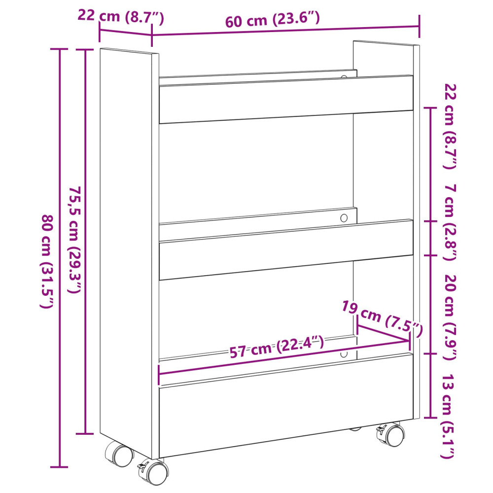 Produktbild för Smal förvaringsvagn Svart Ek 60 x 22 x 80 cm Konstruerat trä