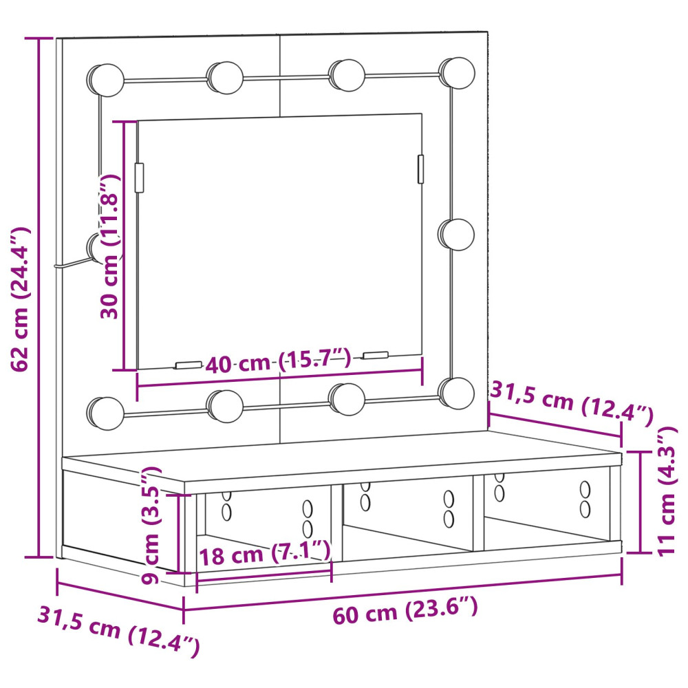 Produktbild för Spegelskåp med hylla Svart Ek 60 x 31,5 x 62 cm Konstruerat trä