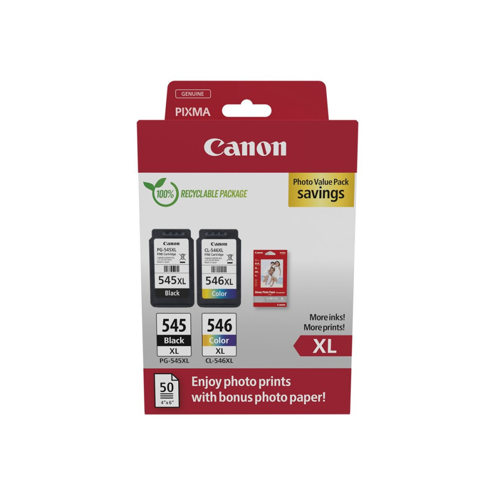Produktbild för Canon PG-545XL/CL-546XL Photo Paper Value Pack - 2-pack - Lång livslängd - svart, färg (cyan, magenta, gul) - original - bläckpatron/papperssats