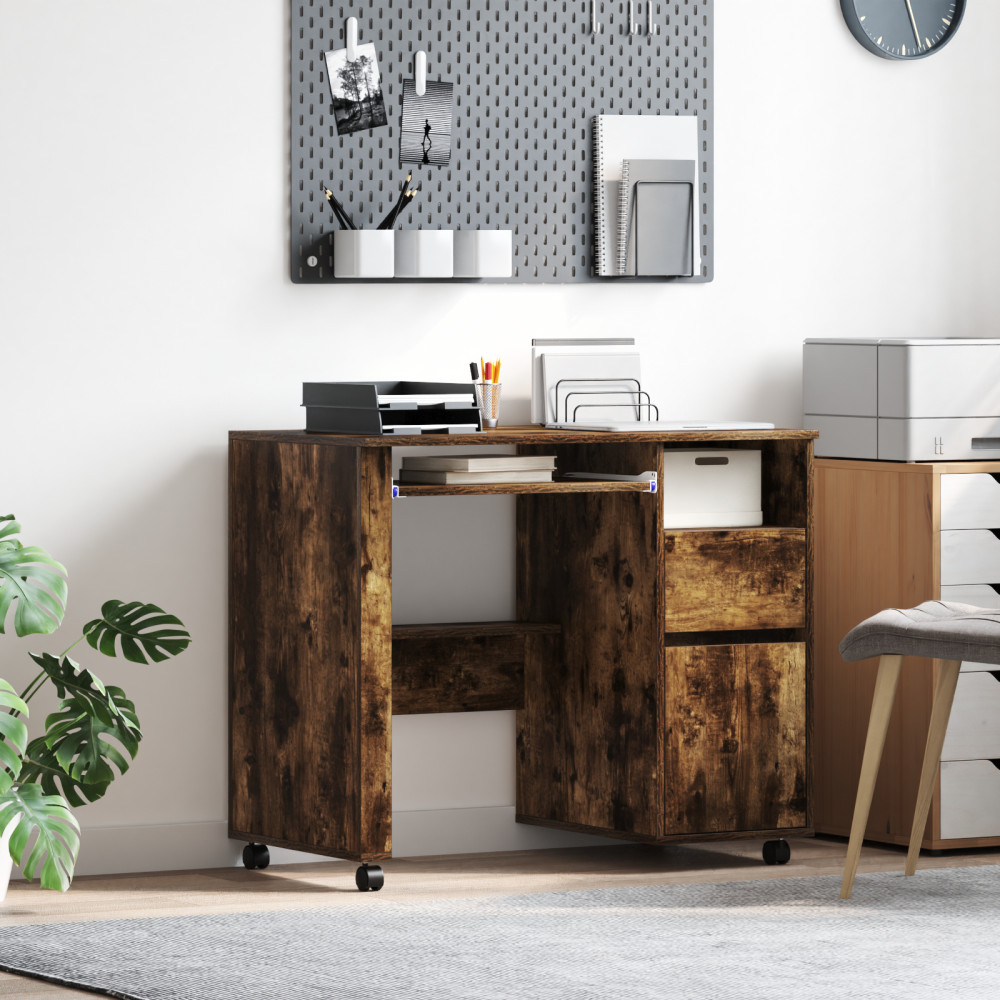 Produktbild för Skrivbord med Hjul Rökt ek 91 x 50 x 77 cm Konstruerat trä