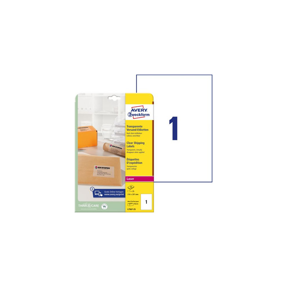 Produktbild för Etikett AVERY transp 210x297mm 25/fp