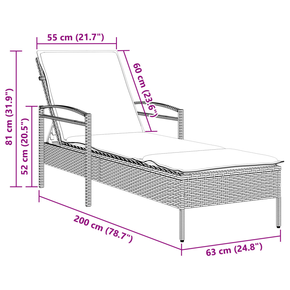 Produktbild för | Solstol | Reclining med kudde Svart 63 x 200 x 81 cm konstrotting