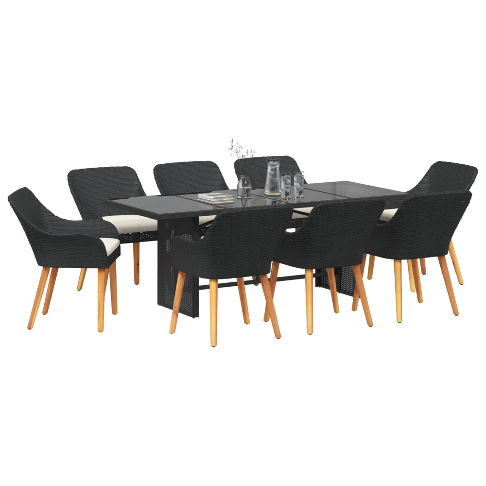 Produktbild för Trädgårdsmöbelset med kudde 9 pcs Svart konstrotting