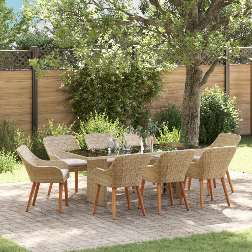 Produktbild för Trädgårdsmöbelset med kudde 9 pcs Beige konstrotting