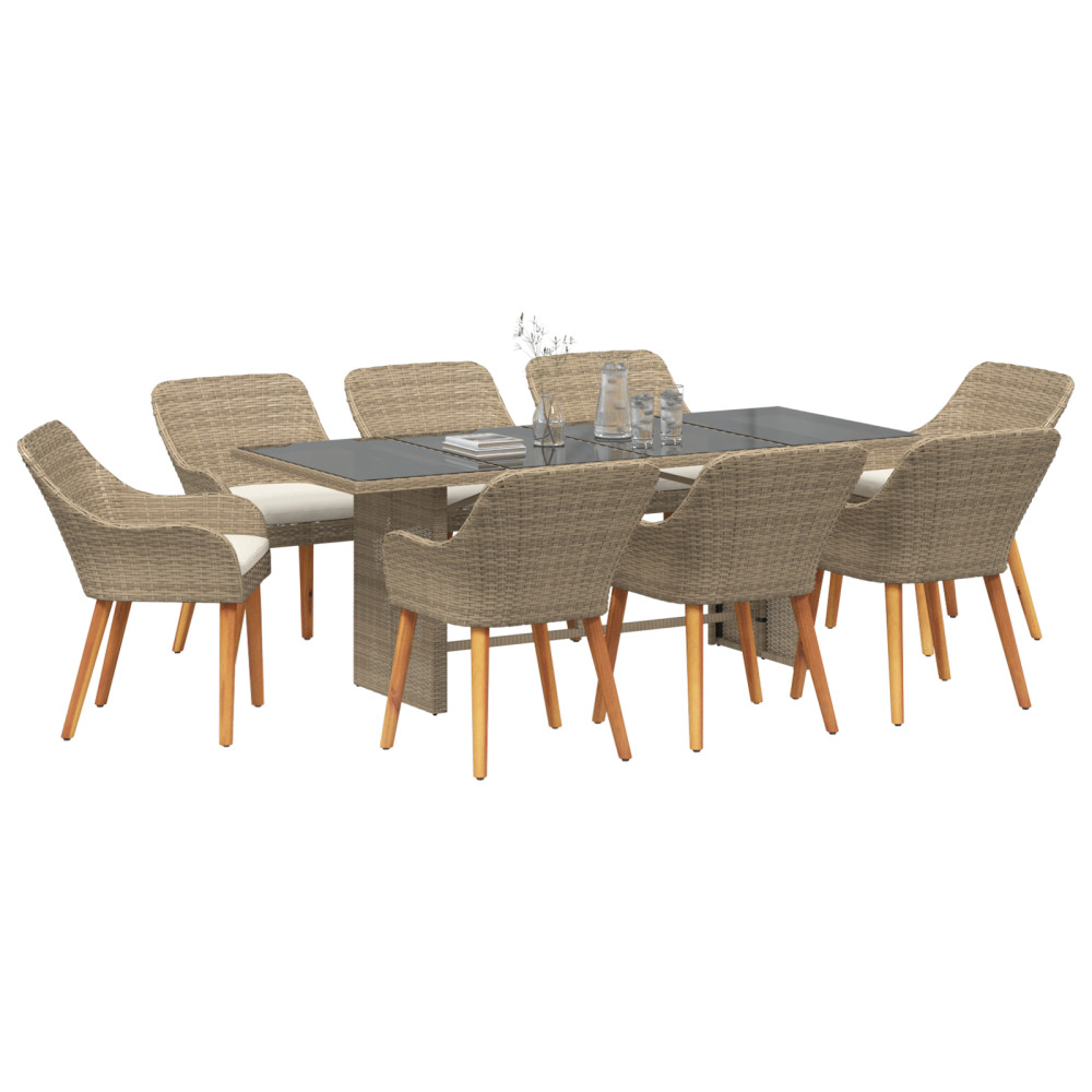 Produktbild för Trädgårdsmöbelset med kudde 9 pcs Beige konstrotting