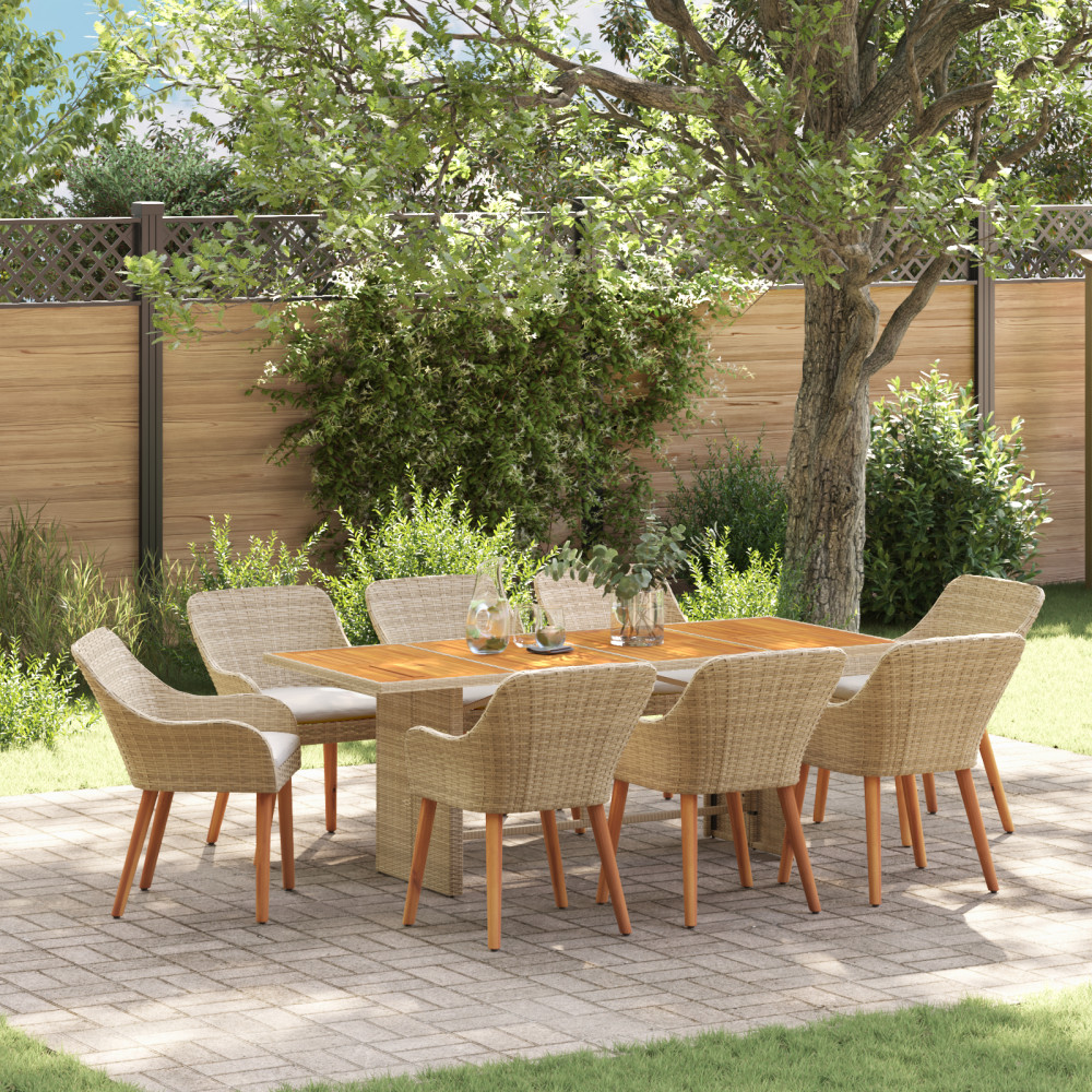 Produktbild för Trädgårdsmöbelset med kudde 9 pcs Beige konstrotting