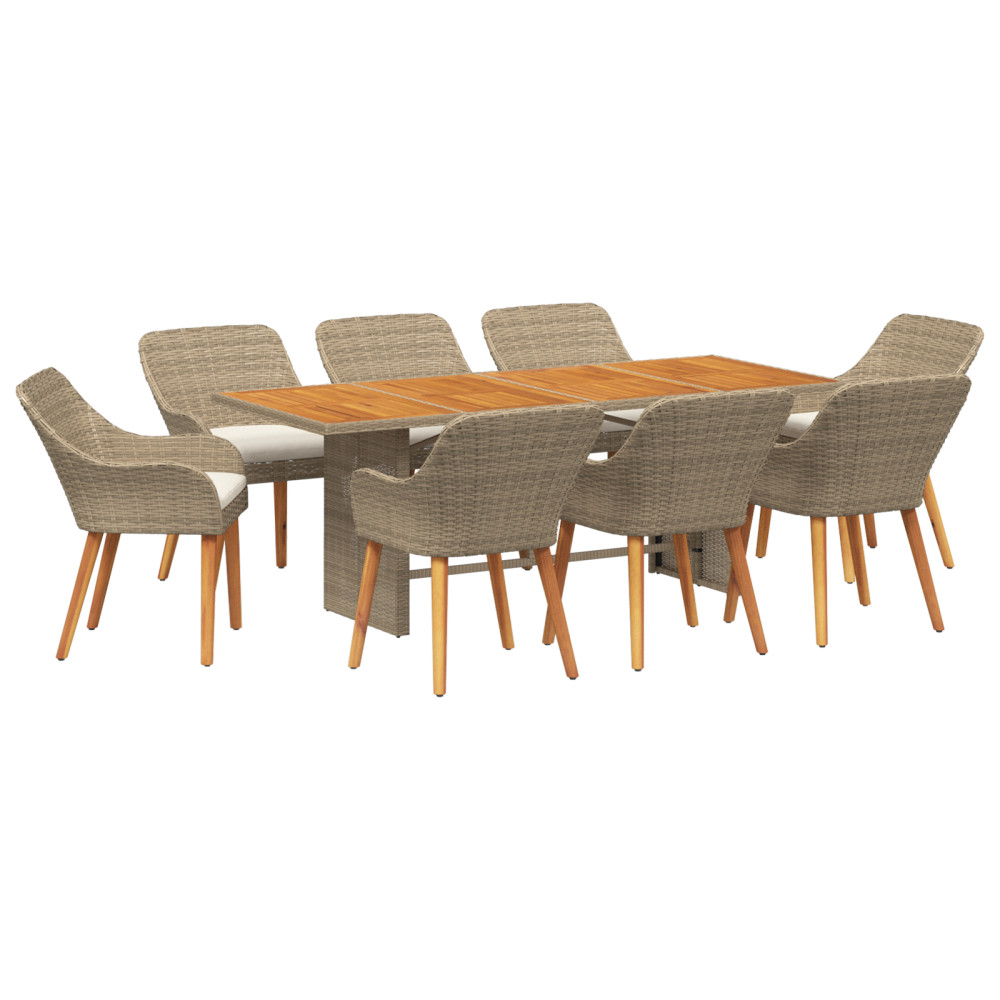 Produktbild för Trädgårdsmöbelset med kudde 9 pcs Beige konstrotting