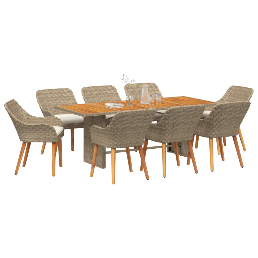 Produktbild för Trädgårdsmöbelset med kudde 9 pcs Beige konstrotting