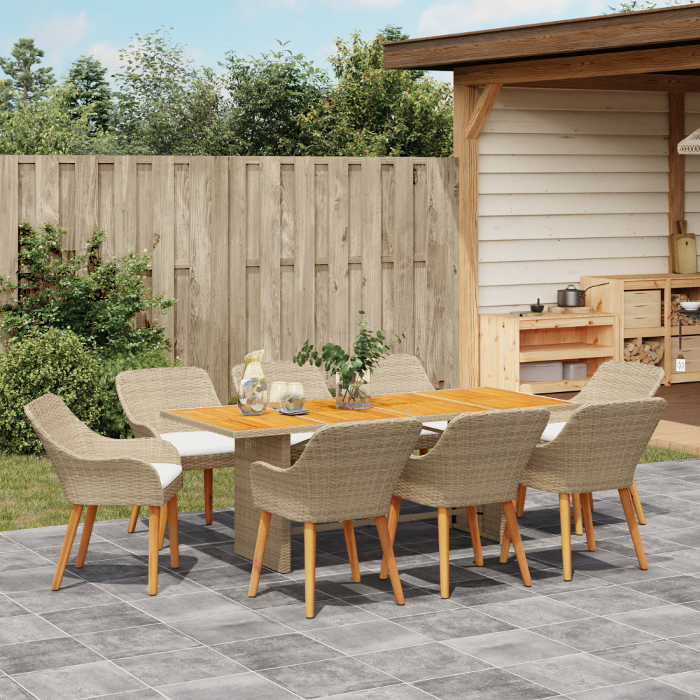Produktbild för Trädgårdsmöbelset med kudde 9 pcs Beige konstrotting