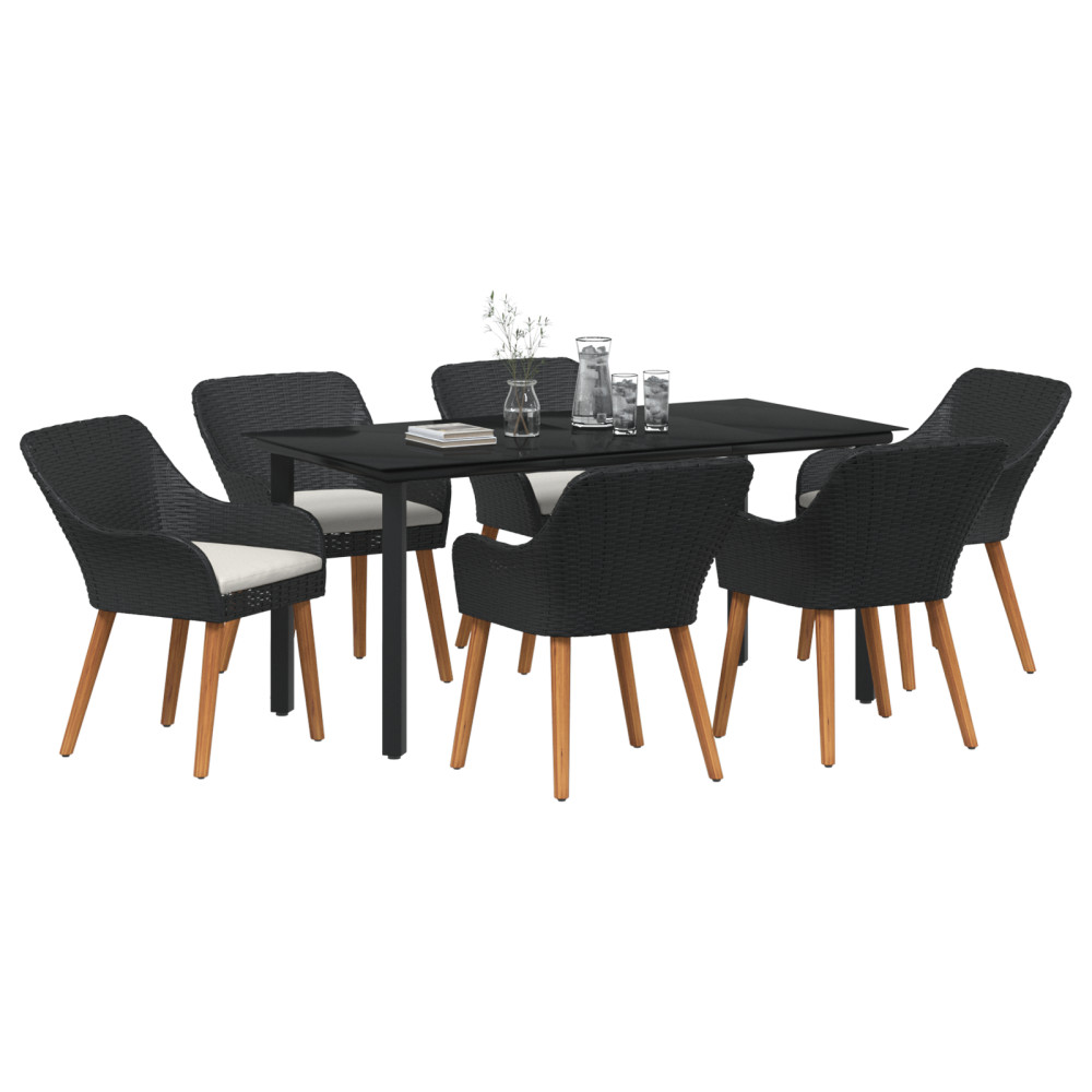 Produktbild för Trädgårdsmöbelset med kudde 7 pcs Svart konstrotting