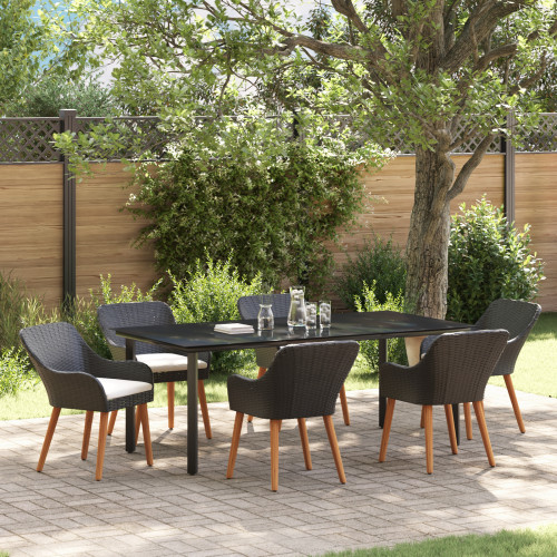 vidaXL Trädgårdsmöbelset med kudde 7 pcs Svart konstrotting