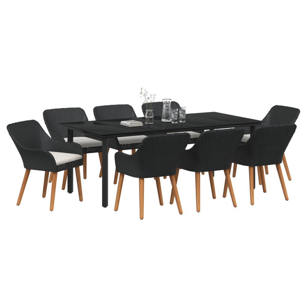 Produktbild för Trädgårdsmöbelset med kudde 9 pcs Svart konstrotting