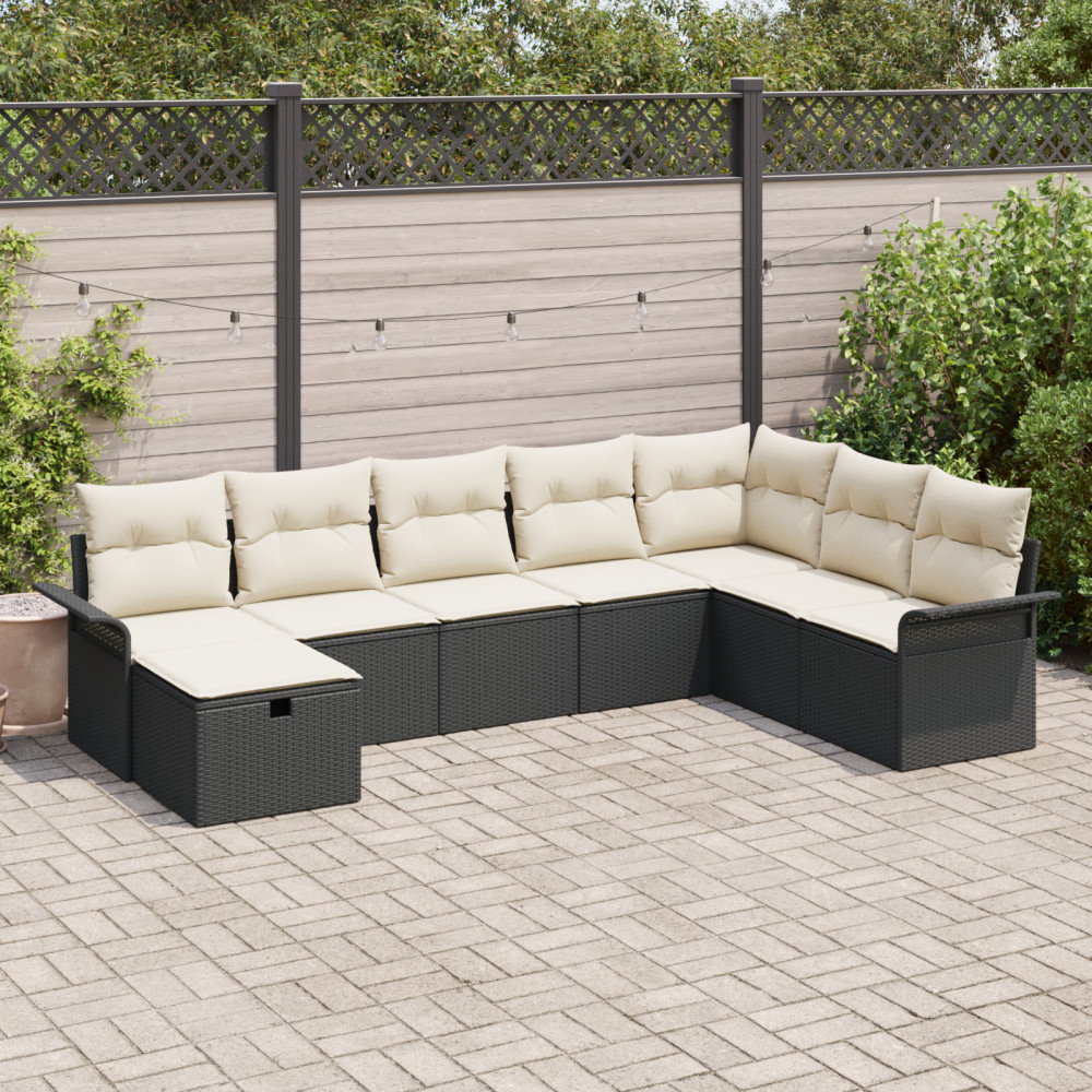 Produktbild för Trädgårdsoffset med kudde med lagring 8 pcs Svart Poly rattan