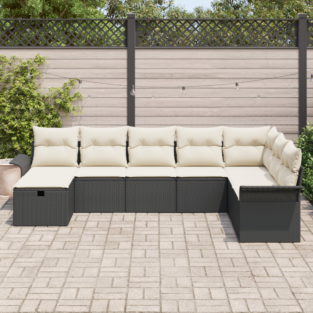 Produktbild för Trädgårdsoffset med kudde med lagring 8 pcs Svart Poly rattan