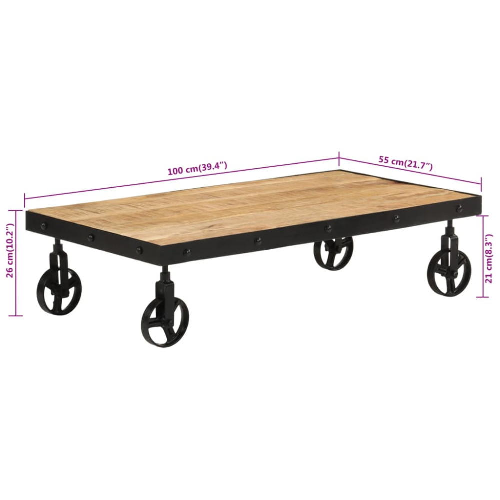Produktbild för Soffbord med hjul massivt mangoträ 100x55x26 cm
